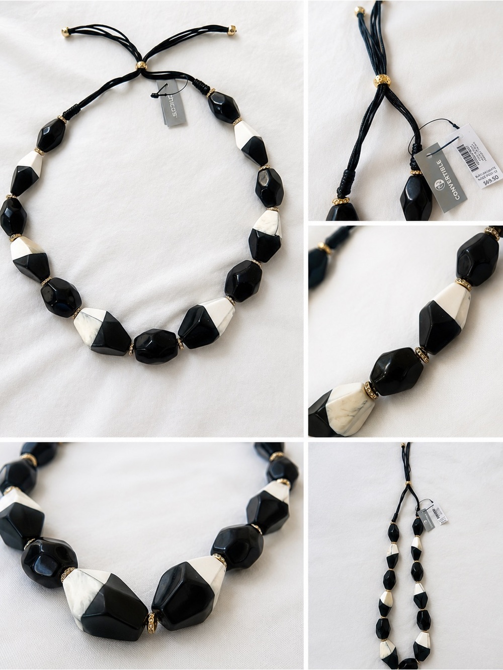 Chico’s Black & White Statement Beaded Necklace Convertible NWT